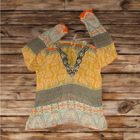Vintage Boho Beaded Mesh Tunic Top | Y2K Hippie Festival Top - Picture 1 of 5